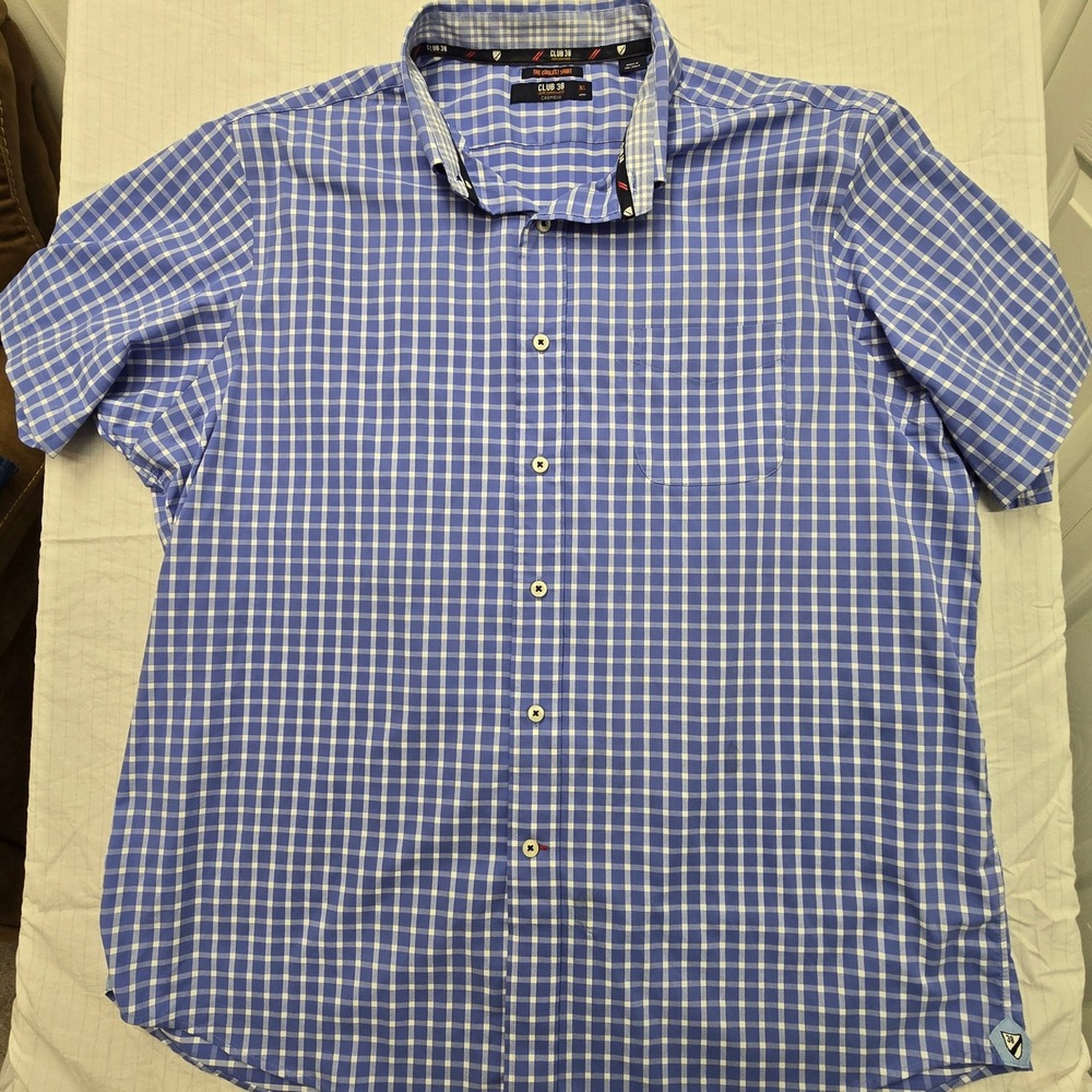 Cremieux Club 38 Performance Shirt Mens XL Blue Gingham Short Sleeve Button Down